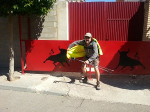 Fr Paddy Mugavin ready for the  bull run in Cabanas de Ebro,  but one day late