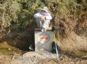 Vin Dillon taking a break (notice the orange arrow which marks the Ignatian Camino)