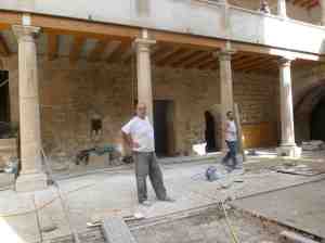Workmen restoring the interior of the castle