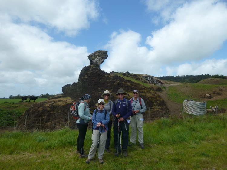 Geraldine, Helen, Jan, Michael and Larry posing beside a volcanic plug